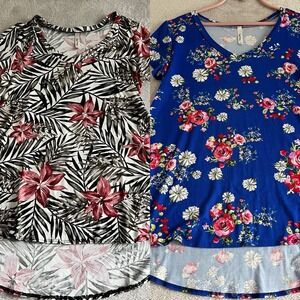 Cool‎ Melon Lot Of 2 Yoke Tunic Top Tropical Floral Hi Low Stretch Small Medium